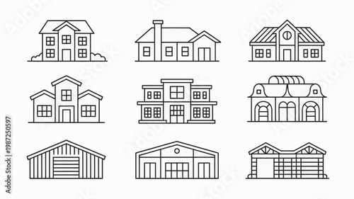 A collection of nine simple line art illustrations depicting various house and building types showcasing differing architectural styles high quality professional detailed modern elegant stylish clean