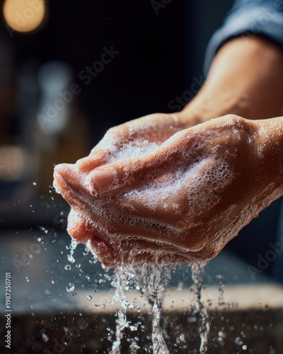 Vigorous Hand Washing - Foamy Soap and Splashing Water for Essential Hygiene.