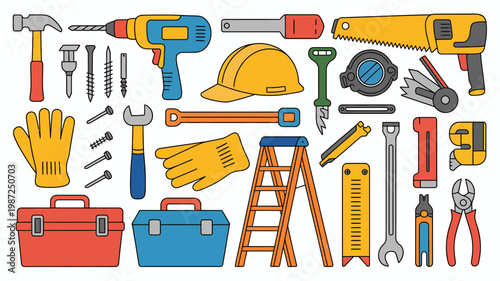 A colorful illustration depicts a variety of hand tools safety equipment and a toolbox arranged in a flat lay composition high quality professional detailed modern elegant