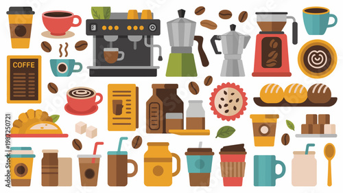 A colorful illustration showcases various coffee related items including cups beans machines and pastries arranged in a delightful pattern high quality professional detailed modern elegant stylish