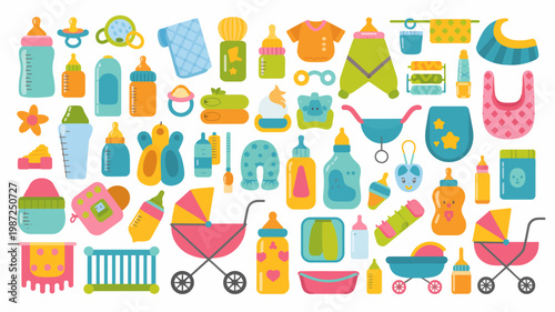 A colorful collection of baby items is displayed including bottles clothing toys and accessories in a flat illustrative style high quality professional detailed modern elegant stylish