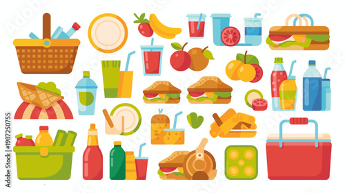 A colorful flat lay illustration depicts a variety of picnic foods and drinks arranged in a cheerful summery composition high quality professional detailed modern elegant stylish