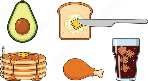 Breakfast scene with food items on a table indoors