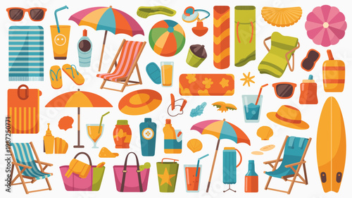 A vibrant collection of summer essentials is displayed including beach umbrellas lounge chairs drinks and accessories in a colorful arrangement high quality professional detailed modern elegant