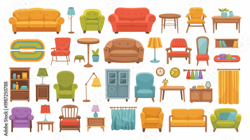 A colorful collection of furniture items is displayed including sofas chairs tables lamps and decorative elements like plants and curtains high quality professional detailed modern elegant