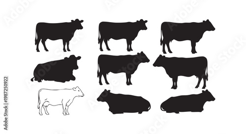 Collection of cow and cattle silhouettes in various poses, including standing and lying down.