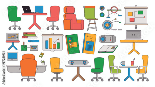 A colorful illustration depicts various office supplies and furniture items arranged in a playful scattered composition high quality professional detailed modern elegant stylish clean crisp vibrant