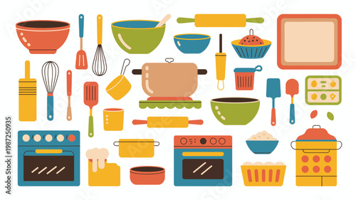 A colorful collection of baking and cooking utensils is displayed including bowls pans spatulas whisks and rolling pins high quality professional detailed modern elegant stylish clean