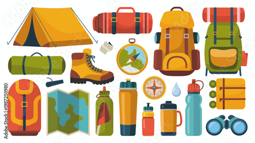 A colorful collection of camping gear is displayed including a tent backpacks sleeping bags and various hiking accessories high quality professional detailed modern elegant stylish clean