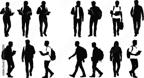 Student silhouettes vector set, college and university students walking reading poses, education lifestyle illustration, young people characters, academic design elements pack