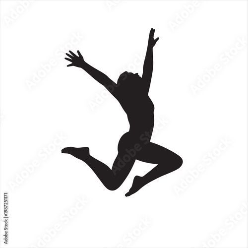 Artistic black vector illustration of a young man and woman jumping in a graceful dance pose, capturing a silhouette of athletic people in action through a minimalist fitness sport outline