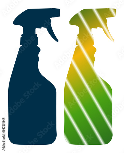 Two spray bottles, one dark silhouette and one colorful gradient, representing cleaning or disinfection.