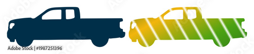 Two stylized pickup trucks side-by-side, one solid dark blue, the other filled with a vibrant green and yellow gradient.