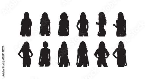 Collection of female silhouettes in various poses wearing fashionable clothes and hairstyles for beauty and fashion concepts.
