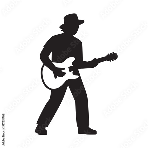 A cool silhouette of a professional musician wearing a hat while playing an electric guitar as a rock performer in a studio vector art style