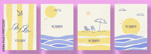 Summer Vacation Posters Collection. Vector cards sketch art with waves, clouds, beach chairs and umbrella. Summer set of flyers for travel poster, tropical party flyer, summer-themed design and event.