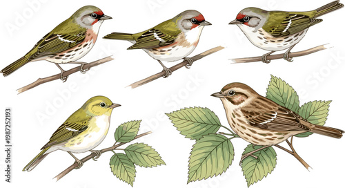 Hand-Drawn Illustrations of Five Different Birds Perched on Branches with Leaves for Nature, Wildlife, and Birdwatching Designs