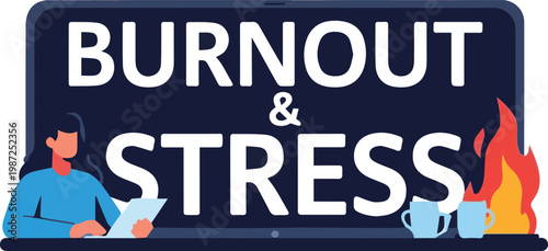 A woman experiences burnout and stress while working late at night with coffee