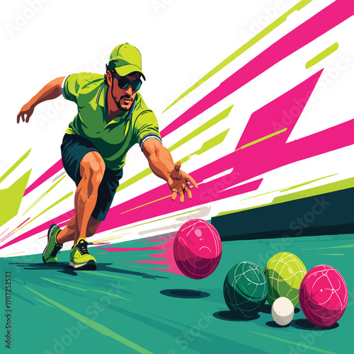Fotografia Man playing bocce ball with colorful balls on a green court Keywords: bocce ball