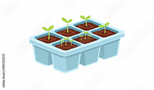Cartoon seedlings grow tray vector with plant sprouts in cups domestic greenhouse gardening illustration
