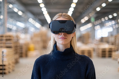 Woman in VR headset in a warehouse