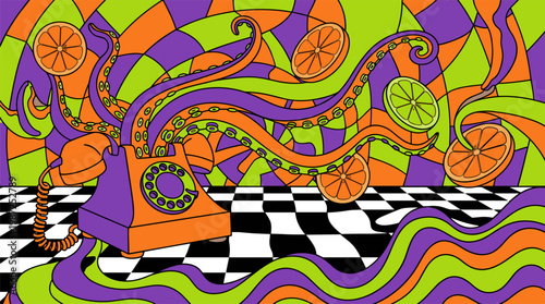 Surreal Octopus Tentacle Rotary Telephone Pop Surrealism Flat Illustration With Bold Outlines