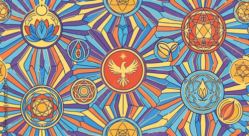 Mystical Geometric Orbs and Phoenix Emblem on Stained Glass Pattern Background