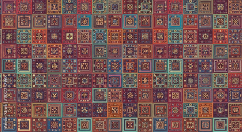 Intricate mosaic pattern of colorful squares with geometric and floral motifs, detailed textile design.
