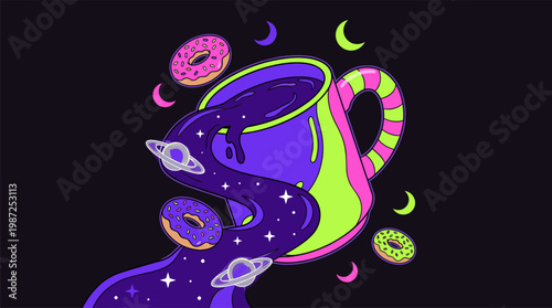 Cosmic Coffee Mug Floating in Space with Donuts Pop Surrealism Flat Illustration with Bold Outlines