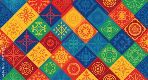 Vibrant Geometric Mosaic Pattern with Colorful Mandala Designs