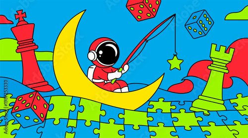 Astronaut Fishing for Stars in Moon Boat on Puzzle Sea Pop Surrealism Flat Illustration with Bold Outlines