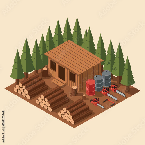 Isometric Wooden Cabin Forest Scene Illustration.