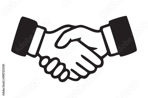 Black handshake icon representing business agreement and trust, minimalist monochrome on white background, bold outlines and flat style, designed for corporate branding, contract pages, legal