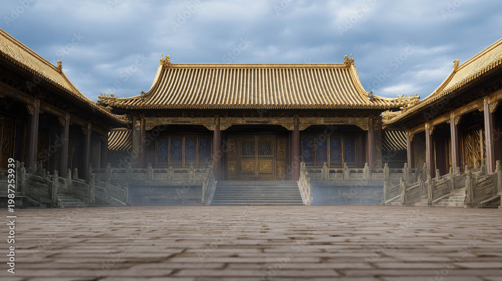Naklejka premium A captivating view of an ancient Asian palace with intricate architectural details against a cloudy sky