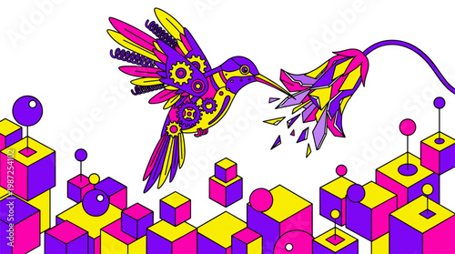Giant Mechanical Hummingbird with Clockwork Gears Feathers and Glass Flower, Pop Surrealism Flat Illustration with Bold Outlines