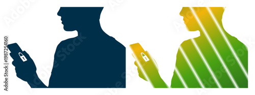 Silhouette of two people holding smartphones with a lock icon, symbolizing digital security and privacy.
