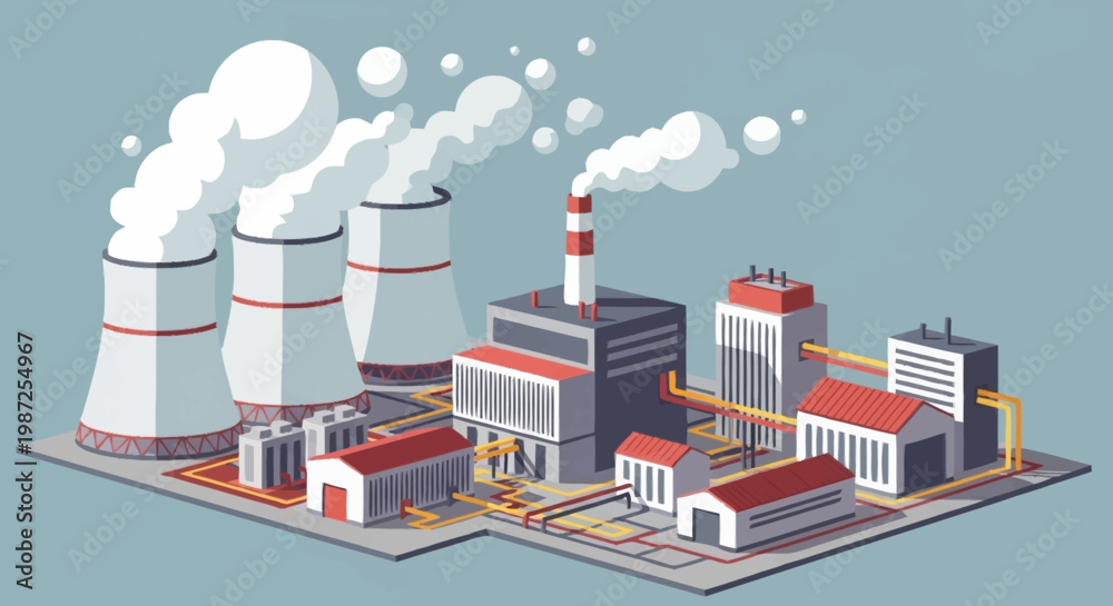 Naklejka premium Isometric Nuclear Power Plant Illustration with Cooling Towers and Buildings.