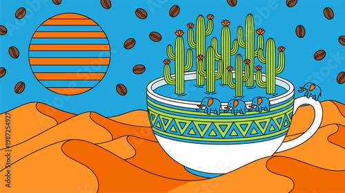 Giant Coffee Cup in Desert with Cacti and Miniature Elephants Pop Surrealism Flat Illustration with Bold Outlines