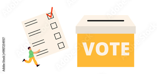 Voter are holding paper ballot with ticks, democratic decision in a political campaign. candidates. Flat vector illustration