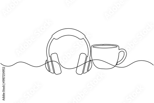 Simple Headphone One Line Art Music Listening Symbol Outline Vector Illustration