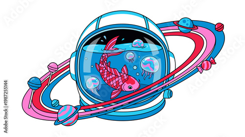 Astronaut Helmet Fishbowl With Koi Fish Pop Surrealism Flat Illustration With Bold Outlines