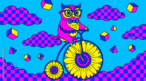 Dapper Owl Riding Vintage Sunflower Bicycle Across Clouds Flat Illustration Pop Surrealism Graphic Design