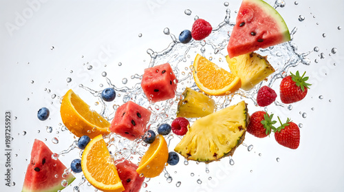 Fresh fruit splash a vibrant explosion of watermelon orange strawberries pineapple and blueberries