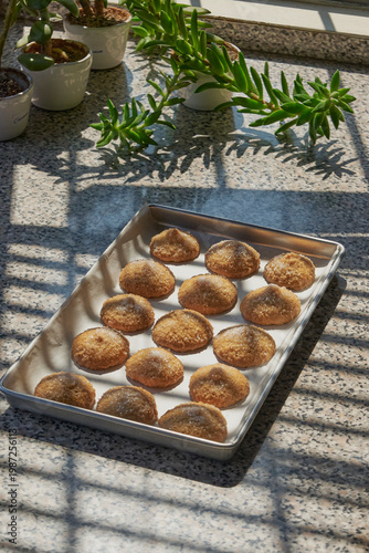 Baked sugar cookies on a baking sheet with sunlight