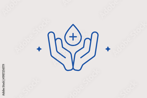 Hands holding a drop with a cross for blood donation and liquid medical aid. Essential Vector Illustration and line icon is ideal for blood banks and emergency transfusion services.