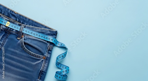 Blue denim jeans with a blue measuring tape around the waistband blue jeans tailor tape