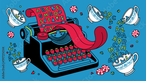 Vintage Typewriter With Strawberry Keys And Tongue Paper Pop Surrealism Flat Illustration With Bold Outlines