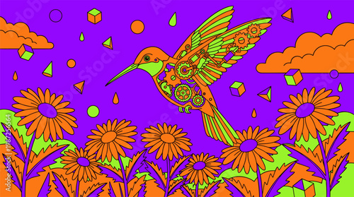 Giant Mechanical Hummingbird with Clockwork Gears and Daisies Pop Surrealism Flat Illustration with Bold Outlines