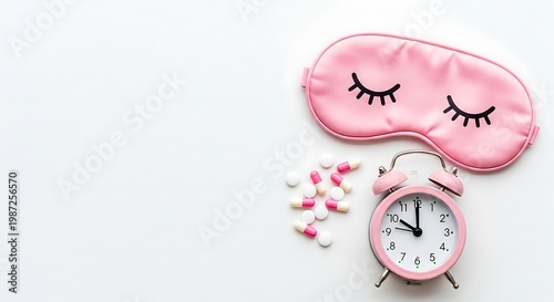 Pink sleep mask alarm clock and pills on white background eye mask