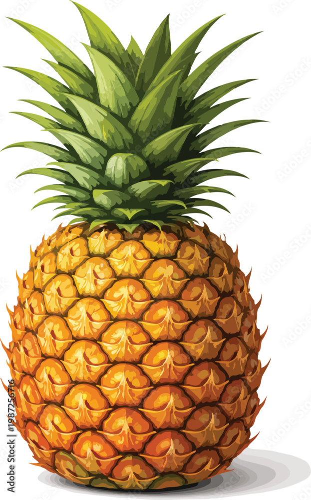 Fototapeta premium Ripe Pineapple with Green Leaves on White Background